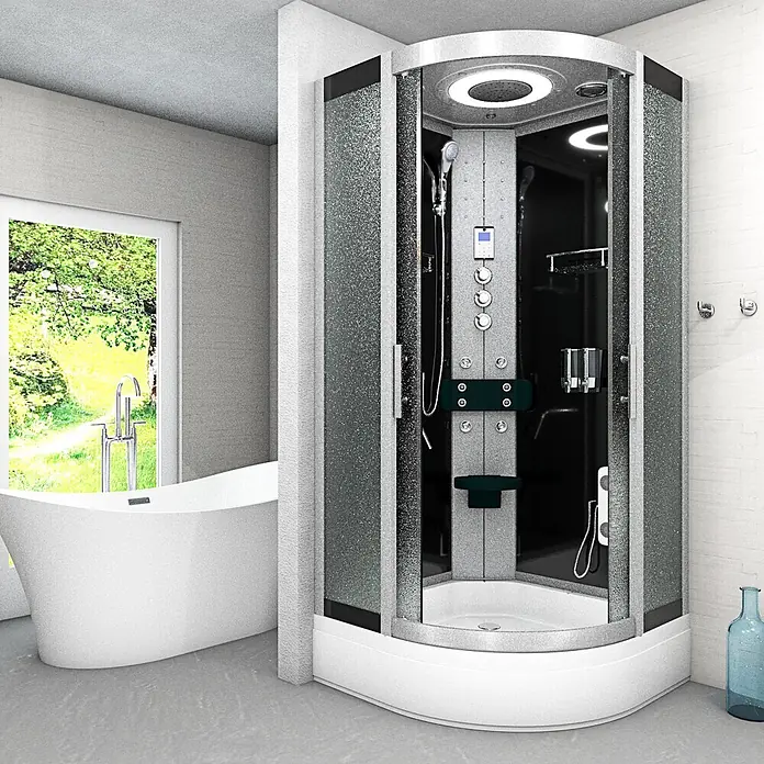 AcquaVapore Komplettdusche Fertigdusche D58-63M1 - Schwarz - Moderne Eckduschkabine mit strukturiertem Glas und Multifunktions-Bedienfeld in einem Badezimmer neben einer freistehenden Wanne.