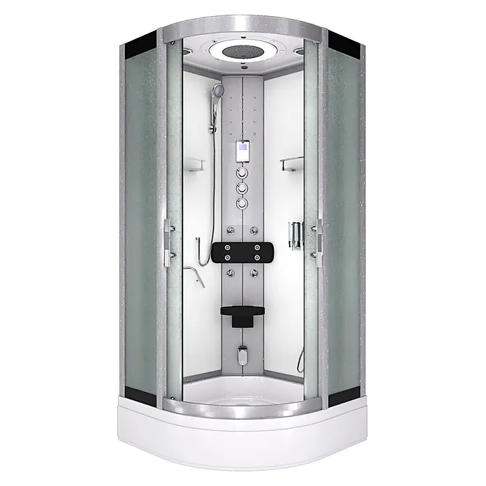 AcquaVapore Komplettdusche Dampfdusche D58-60M3-EC - Weiß - Moderne multifunktionale Duschkabine mit weißer Basis, Mattglas, grauem Paneel, Regendusche, Handbrause, Massagedüsen und Sitz.