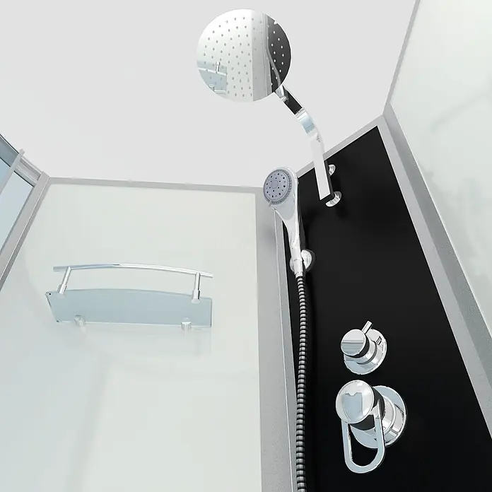 AcquaVapore Komplettdusche Fertigdusche K50-R00 - Weiß - Moderne Duschkabine mit verchromtem Kopf- und Handbrause, Chromarmaturen auf schwarzem Paneel und Glasablage.