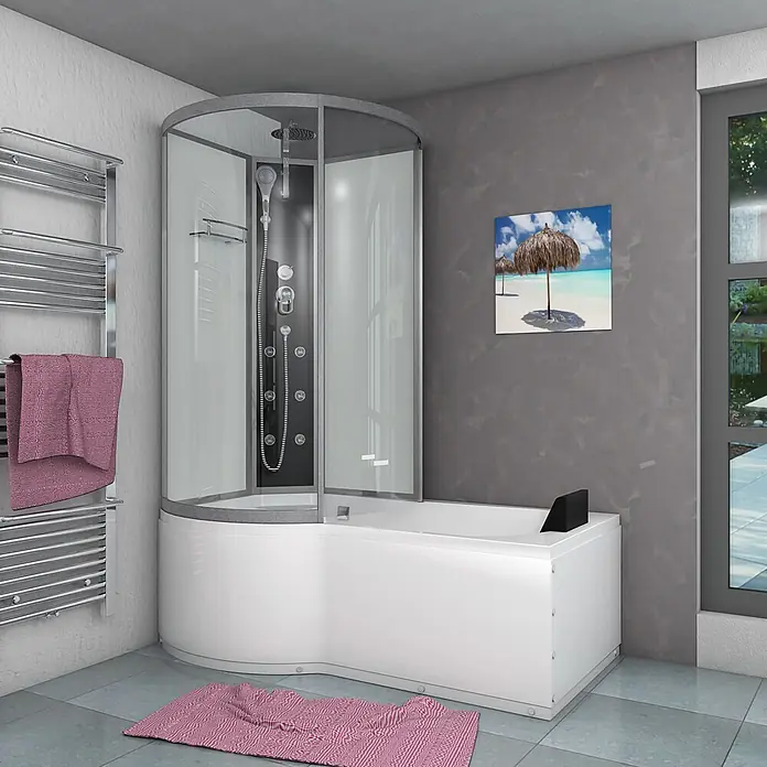 AcquaVapore Komplettdusche Fertigdusche K50-R00 - Weiß - Weiße Dusch-Badewannen-Kombination mit runder Glasduschkabine, die Baden und Duschen in einem modernen Bad vereint.