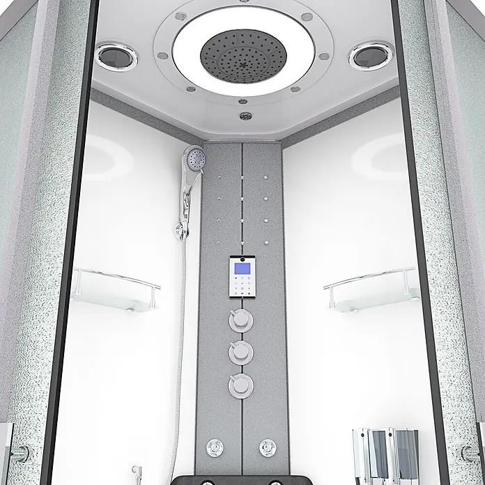AcquaVapore Komplettdusche Dampfdusche D58-60M3-EC - Weiß - Moderne weiß-graue Duschkabine mit Regenduschkopf, Handbrause, Massagedüsen und digitalem Bedienfeld.