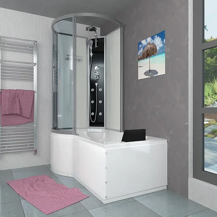 AcquaVapore Komplettdusche Fertigdusche K50-R00 - Weiß - Eckduschkabine mit Badewanne und Massageduschsystem. Weiße Wanne, Klarglas und schwarzes Duschpaneel.