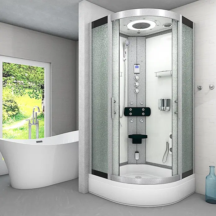 AcquaVapore Komplettdusche Dampfdusche D58-60M3-EC - Weiß - Moderne, gebogene Duschkabine mit mattierten Glastüren, integrierten Bedienelementen und Sitz, neben einer freistehenden Badewanne in einem hellen Badezimmer.