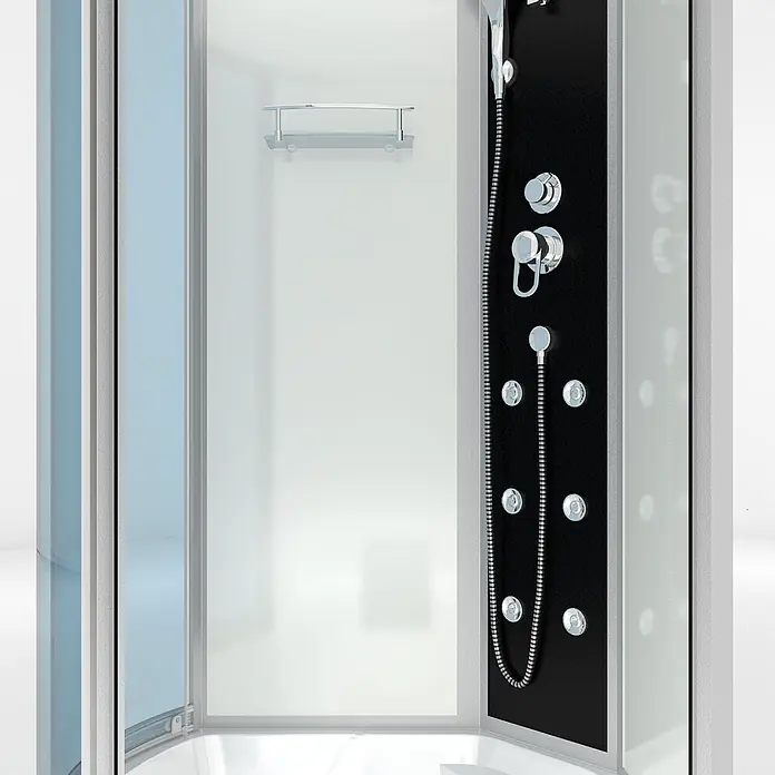 AcquaVapore Komplettdusche Fertigdusche K50-R00 - Weiß - Eckduschkabine mit schwarzer Hydromassage-Duschsäule, Chromarmaturen und blauen Glaswänden.