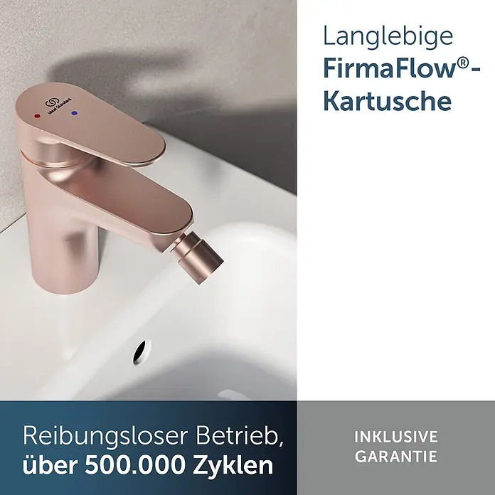 Ideal Standard Alu+ Bidetarmatur - Höhe: 140 mm, Rosé - Roségoldene Ideal Standard Armatur mit Bidetfunktion auf Waschbecken.
