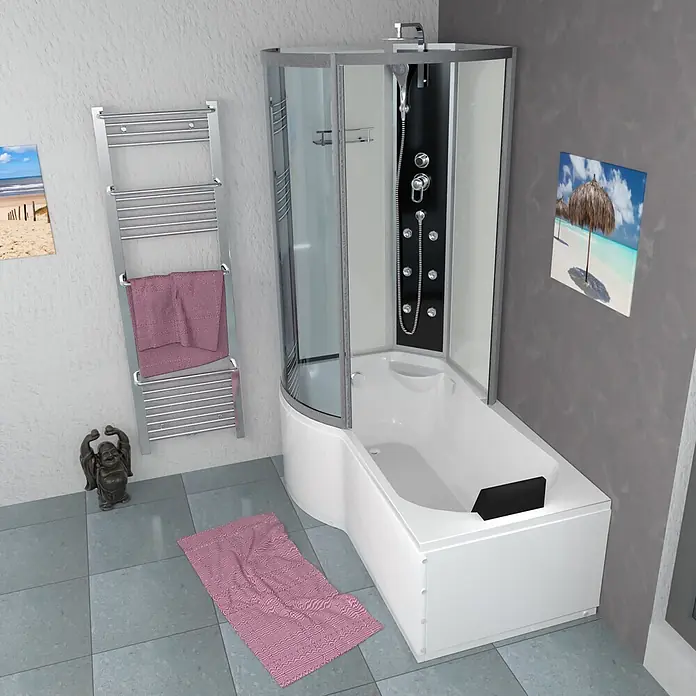 AcquaVapore Komplettdusche Fertigdusche K50-R00 - Weiß - Weiße Eckbadewanne mit integrierter Glasduschkabine und schwarzem Massageduschpaneel in einem modernen Badezimmer.