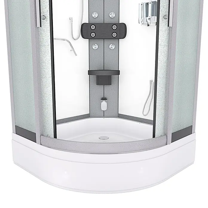 AcquaVapore Komplettdusche Dampfdusche D58-60M3-EC - Weiß - Weiße Eckduschkabine mit mattierten Glaspaneelen, grauer Innenwand, Massagedüsen, Handbrause und Seifenspender.