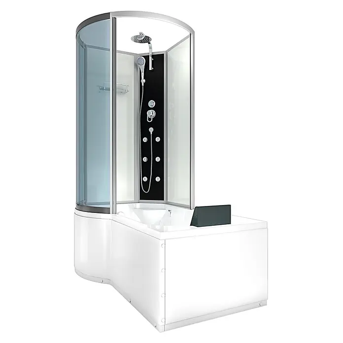 AcquaVapore Komplettdusche Fertigdusche K50-R00 - Weiß - Weißes Dusch-Wannen-Kombiset mit geschwungenem Glas, Kopf- und Handbrause sowie Massagedüsen an schwarzem Panel.