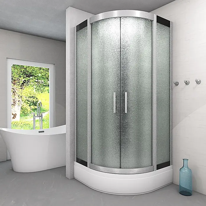 AcquaVapore Komplettdusche Dampfdusche D58-50M2 - Weiß - Eckduschkabine mit mattierten Glasscheiben, silbernen Rahmen und weißem, gebogenem Unterbau in modernem Bad.