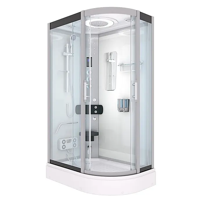 AcquaVapore Komplettdusche Dampfdusche D60-70T3R - 80 x 120 x 215 cm, Weiß - Moderne Glasduschkabine mit mehreren Düsen, Bedienfeld und Sitz.