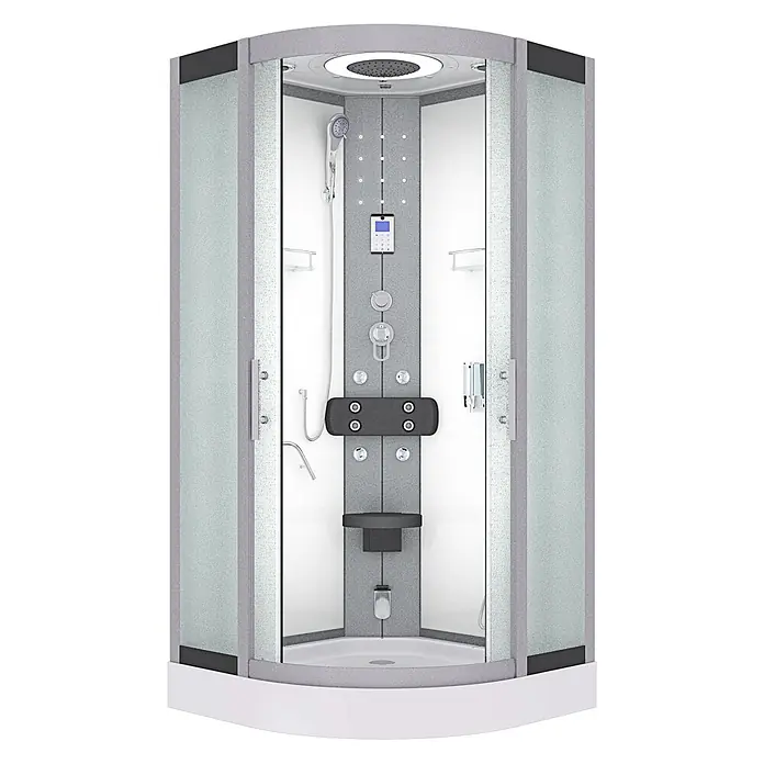 AcquaVapore Komplettdusche Dampfdusche D58-10M2 - 90 x 90 x 215 cm, Weiß - Moderne Eckduschkabine mit Milchglas, Regendusche, Handbrause, Massagedüsen, Bedienfeld und integriertem Sitz.