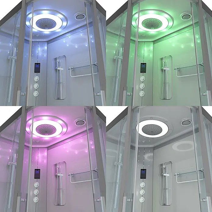 AcquaVapore Komplettdusche Dampfdusche D60-70T3R - 80 x 120 x 215 cm, Weiß - Moderne Glasduschkabine mit integrierter farbwechselnder LED-Beleuchtung, Regendusche und Bedienfeld.