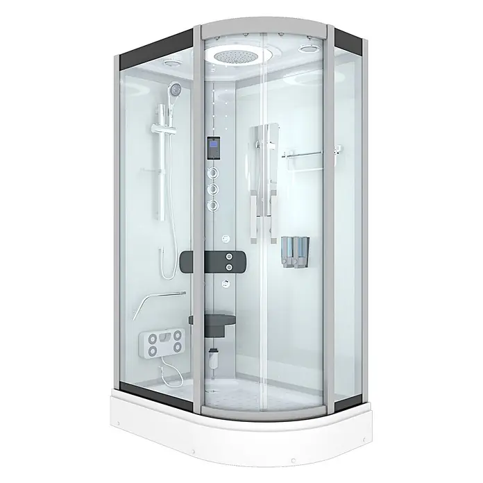 AcquaVapore Komplettdusche Dampfdusche D60-70T3R - 80 x 120 x 215 cm, Weiß - Moderne Eckduschkabine mit Klarglastüren, weißen Wänden, grauem Rahmen, mehreren Duschköpfen, Bedienfeld, integriertem Sitz und Spendern.