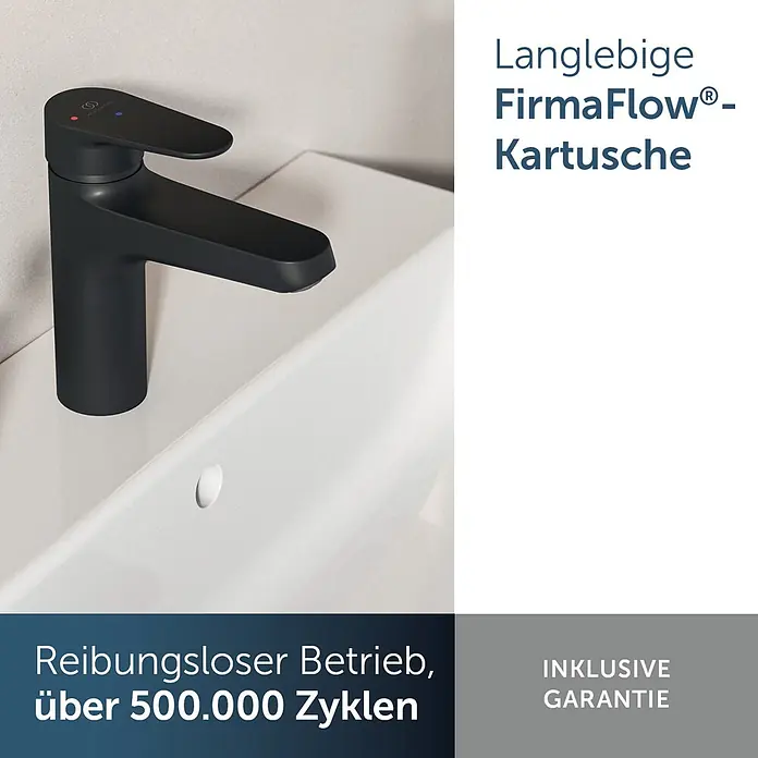 Ideal Standard Alu+ Waschtischarmatur - Höhe: 160 cm, Schwarz - Schwarze, matte Armatur mit Einhebelmischer auf einem weißen Keramikwaschbecken.