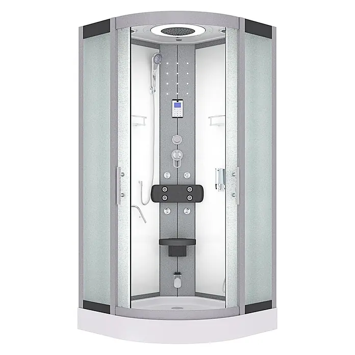 AcquaVapore Komplettdusche Dampfdusche D58-10M2 - 90 x 90 x 215 cm, Weiß - Moderne grau-weiße Duschkabine mit Glastüren, Kopf- und Handbrause, Massagedüsen, Bedienfeld und Klappsitz.