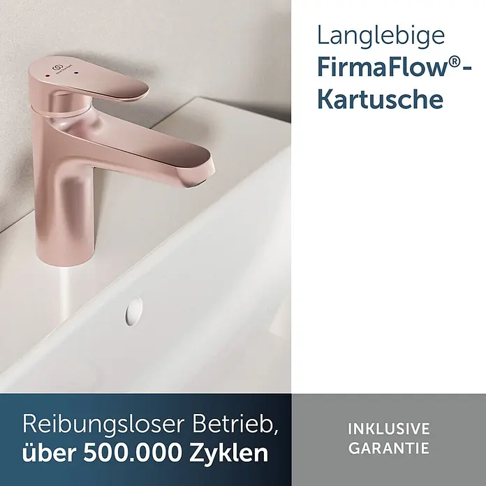 Ideal Standard Alu+ Waschtischarmatur - Höhe: 160 cm, Rosé - Roségoldener Wasserhahn mit elegantem Design auf einem weißen Waschbecken.