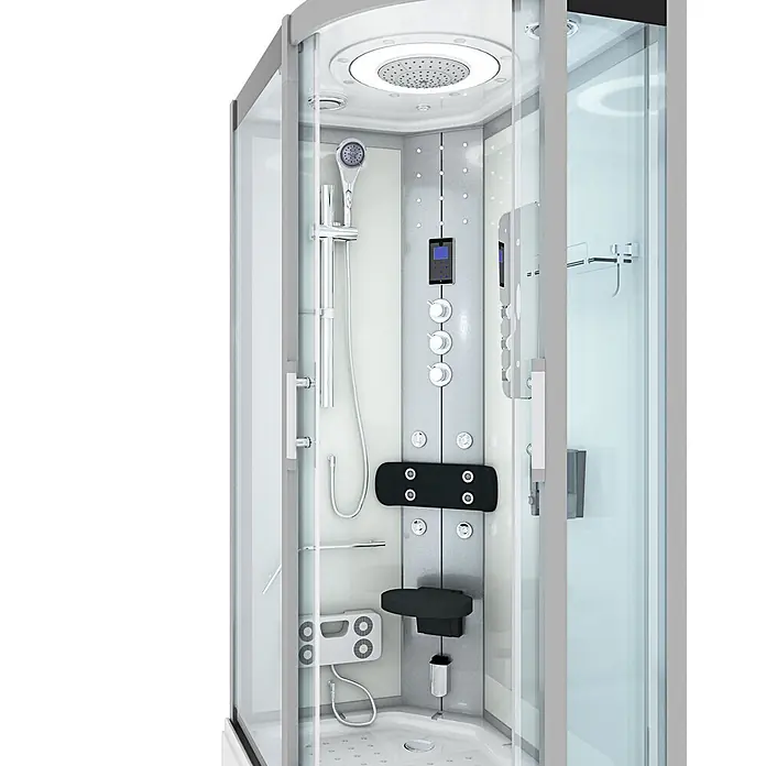 AcquaVapore Komplettdusche Dampfdusche D60-70T3R - 80 x 120 x 215 cm, Weiß - Moderne weiße und silberne Duschkabine mit Glaswänden, Kopfbrause, Handbrause, Massagedüsen, digitalem Bedienfeld und klappbarem Sitz.
