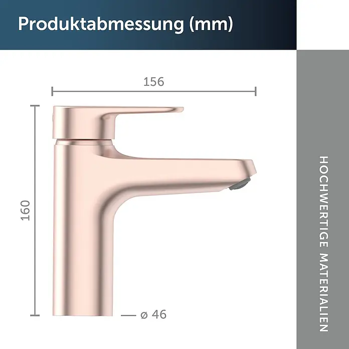 Ideal Standard Alu+ Waschtischarmatur - Höhe: 160 cm, Rosé - Roségoldene Armatur mit Höhen-, Breiten- und Basisdurchmesserangaben.