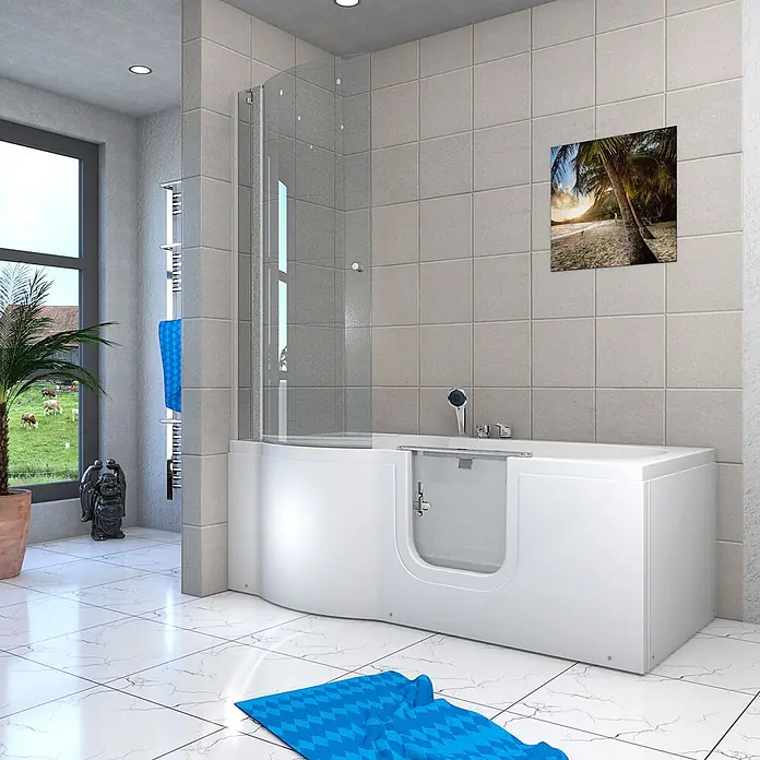 AcquaVapore Komplettdusche Fertigdusche S12D-EH-R-EC - Weiß - Weißes barrierefreies Badewannensystem mit integrierter Tür und Duschwand, in einem modernen Badezimmer.