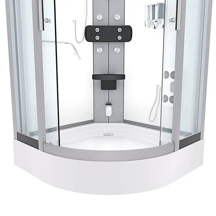 AcquaVapore Komplettdusche Dampfdusche D58-10T3 - Weiß - Moderne Viertelkreis-Duschkabine mit weißer Wanne, grauen Rückwänden, Klarglas und integriertem Duschsystem inkl. Düsen, Handbrause und Bedienfeld.