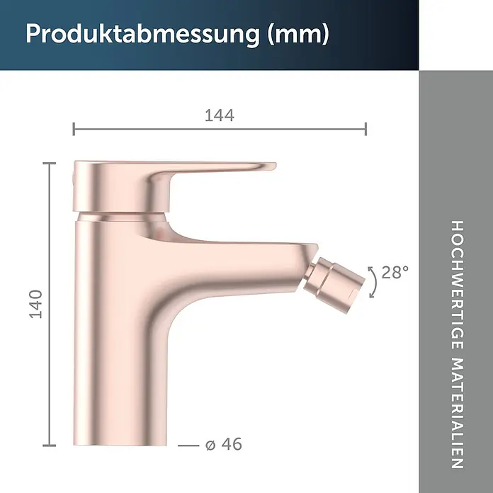 Ideal Standard Alu+ Bidetarmatur - Höhe: 140 mm, Rosé - Roségoldene Bidetarmatur mit abgewinkelter Düse; Maße: 140mm Höhe, 144mm Breite.