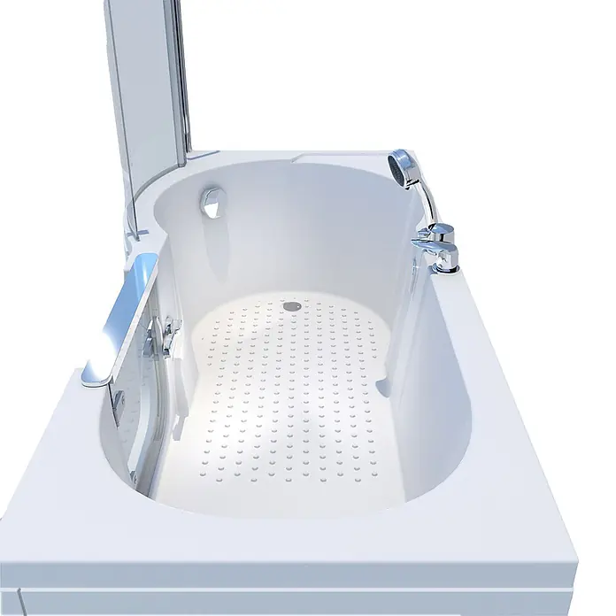 AcquaVapore Komplettdusche Fertigdusche S12D-EH-R-EC - Weiß - Weiße Dusch-Badewannen-Kombination mit Chromarmaturen, Handbrause, Haltegriff und rutschfester Bodenstruktur. Mit transparenter Duschwand.