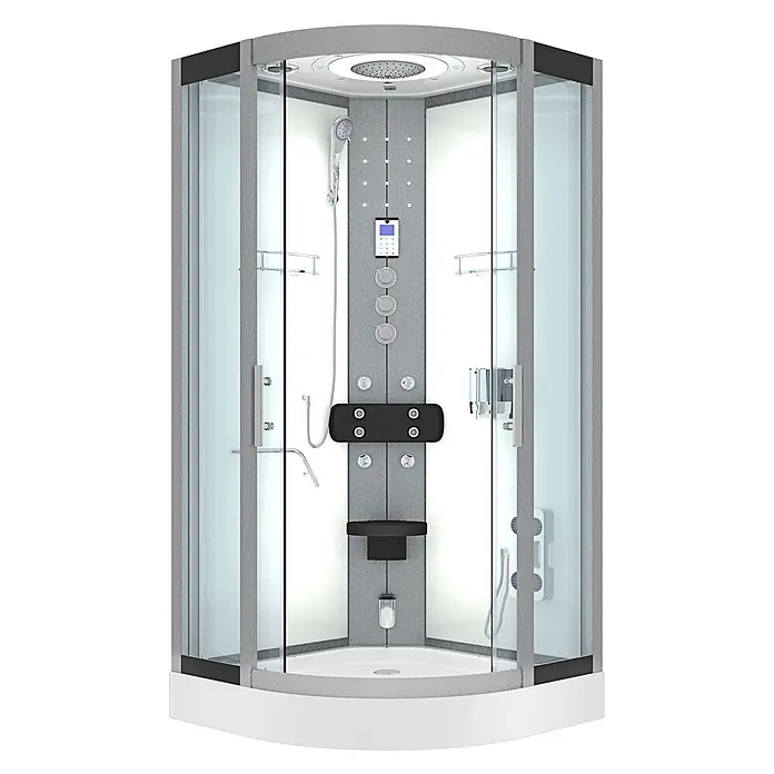 AcquaVapore Komplettdusche Dampfdusche D58-10T3 - Weiß - Moderne Eckduschkabine mit grauen Paneelen, Klarglastüren, Regendusche, Handbrause, Massagedüsen, Bedienfeld und Klappsitz.