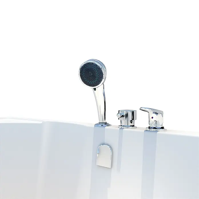 AcquaVapore Komplettdusche Fertigdusche S12D-EH-R-EC - Weiß - Weiße Badewanne mit Chrom-Handbrause und zwei Badewannen-Armaturen.
