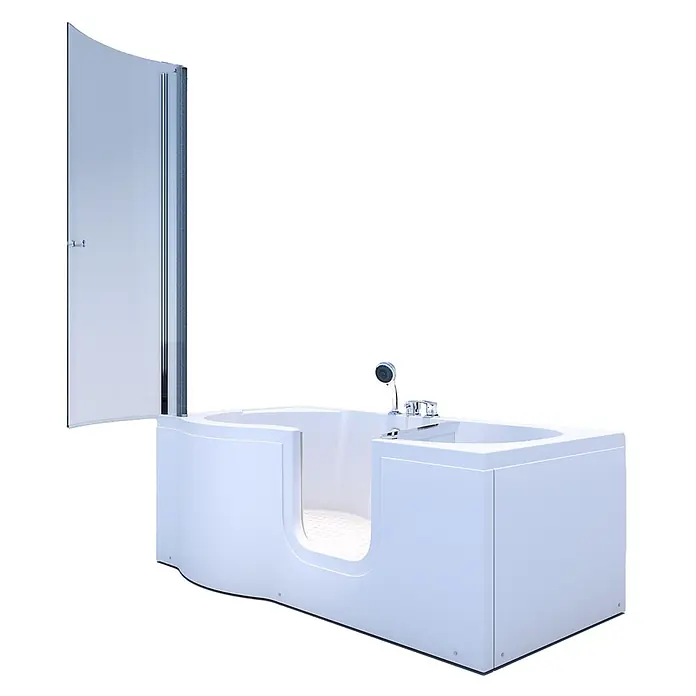 AcquaVapore Komplettdusche Fertigdusche S12D-EH-R-EC - Weiß - Weiße begehbare Badewanne mit offener Duschabtrennung aus Klarglas und Chromarmatur.