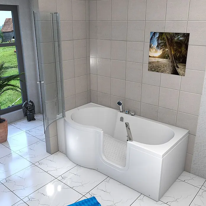 AcquaVapore Komplettdusche Fertigdusche S12D-EH-R-EC - Weiß - Weiße Badewanne mit Einstiegstür und integrierter Duschwand, geeignet für Barrierefreiheit.