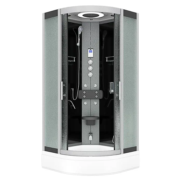AcquaVapore Komplettdusche Dampfdusche D58-63M3 - 100 x 100 x 225 cm, Schwarz - Moderne Viertelkreis-Duschkabine mit grauem Rahmen, Milchglas, schwarzem Interieur und integriertem Mehrstrahl-Duschsystem.