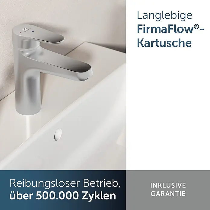 Ideal Standard Alu+ Waschtischarmatur - Höhe: 160 cm, Silber - Silberfarbene Armatur mit elegantem Design auf einem weißen Waschbecken.