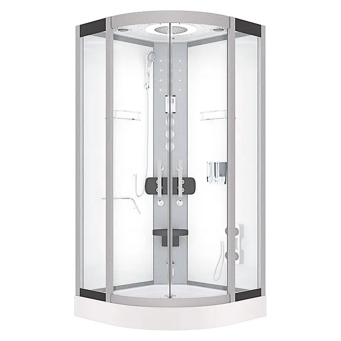 AcquaVapore Komplettdusche Dampfdusche D58-10T3 - Weiß - Moderne Eckduschkabine mit Klarglastüren, grauem Rahmen, weißer Basis, Kopf-/Handbrause, Massagedüsen und Klappsitz.