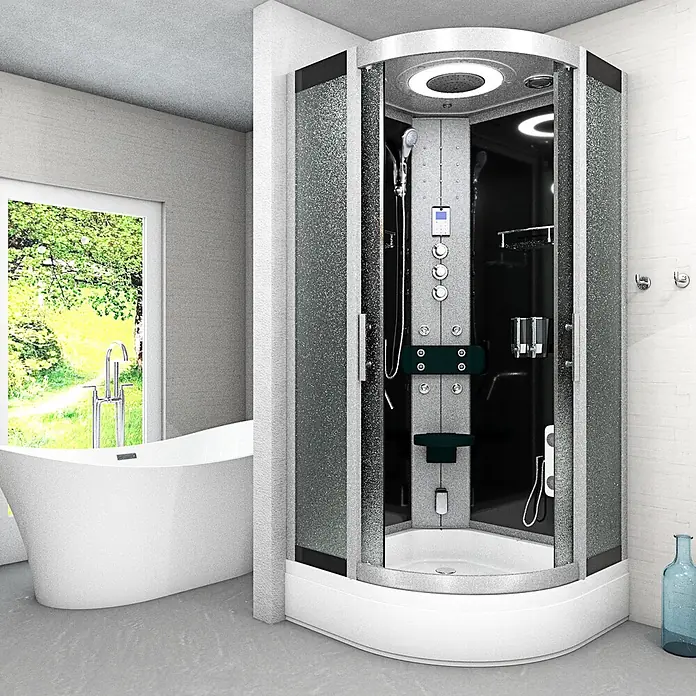 AcquaVapore Komplettdusche Dampfdusche D58-63M3 - 100 x 100 x 225 cm, Schwarz - Moderne Eckduschkabine mit gebogener, gesprenkelter Glastür und metallic-grauem Rahmen, ausgestattet mit Multi-Jet-Panel und integrierter Beleuchtung.