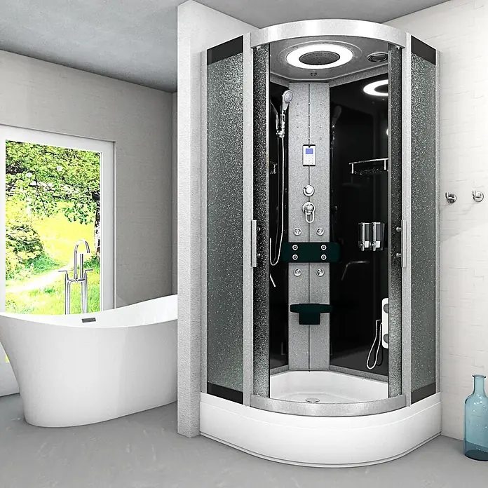 AcquaVapore Komplettdusche Fertigdusche D58-63M0-EC - Schwarz - Moderne Eckduschkabine mit gemusterten Glastüren, schwarzer Rückwand und weißer Wanne, in einem Bad mit Badewanne.
