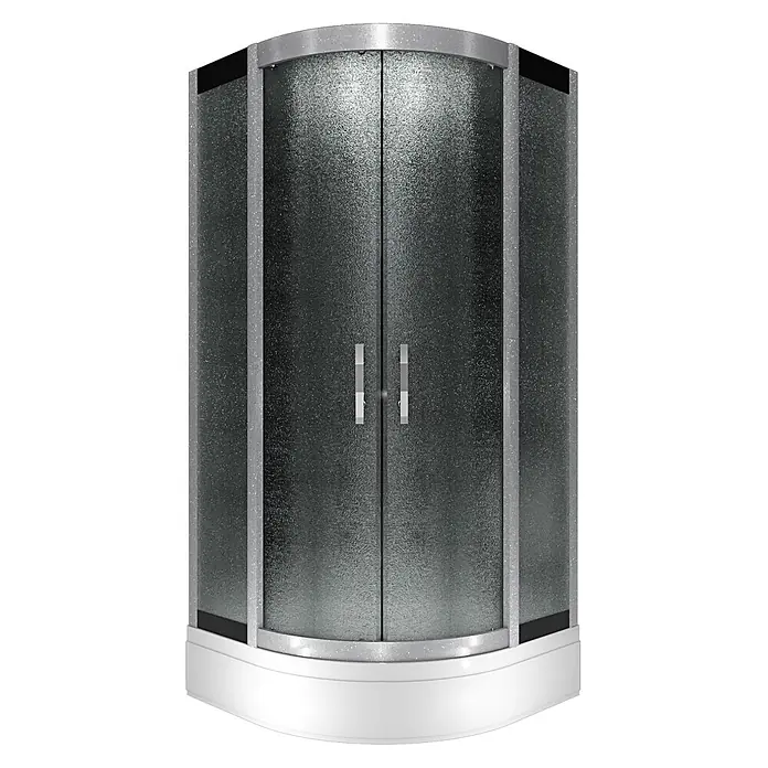AcquaVapore Komplettdusche Dampfdusche D58-53M2 - 90 x 90 x 225 cm, Schwarz - Runde Duschkabine mit texturierten Glaspaneelen, glitzerndem silbergrauem Rahmen und weißer Basis.