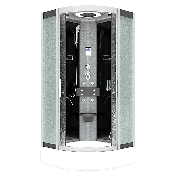 AcquaVapore Komplettdusche Fertigdusche D58-63M0-EC - Schwarz - Moderne Eckduschkabine: weißer Rahmen, Milchglas, grauer Innenraum mit Regendusche, Handbrause, Massagedüsen, Steuerung und Sitz.