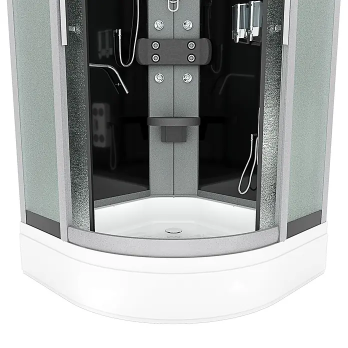 AcquaVapore Komplettdusche Fertigdusche D58-63M0-EC - Schwarz - Weiße Eckduschkabine mit Milchglasscheiben, grauer Mittelsäule mit Hydromassagedüsen, Handbrause und Seifenspendern.