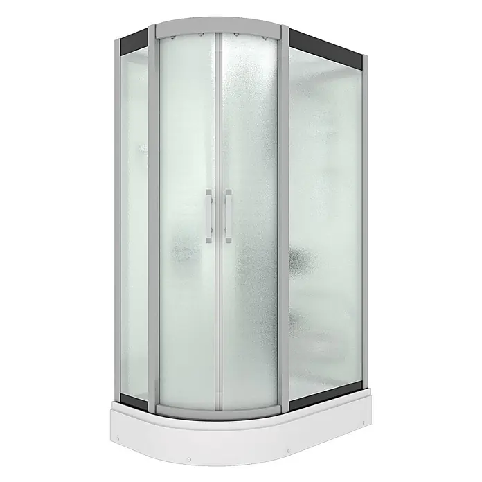 AcquaVapore Komplettdusche Fertigdusche D60-70M0L-EC - Weiß - Viertelkreis-Duschkabine mit mattierten Glaspaneelen, Schiebetüren, silbernem Rahmen und weißer Duschtasse.