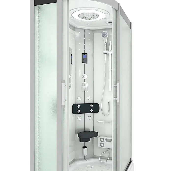 AcquaVapore Komplettdusche Fertigdusche D60-70M0L-EC - Weiß - Moderne Eckduschkabine mit Milchglas, weißem Interieur, Regendusche, Handbrause, Massagedüsen, Bedienfeld und Klappsitz.