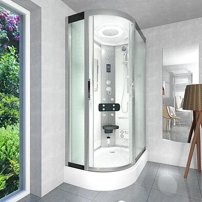 AcquaVapore Komplettdusche Fertigdusche D60-70M0L-EC - Weiß - Moderne Eckduschkabine mit gebogenem Glas, Regendusche, Massagedüsen und integriertem Sitz im Badezimmer.