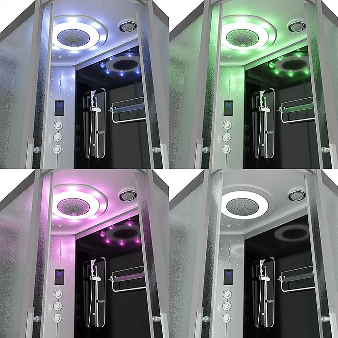 AcquaVapore Komplettdusche Fertigdusche D60-73M1R - Schwarz - Moderne Duschkabine mit mattierten Glaspaneelen, schwarzer Rückwand und LED-Beleuchtung in verschiedenen Farben.