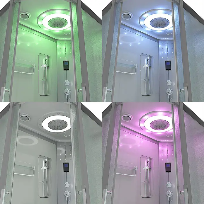 AcquaVapore Komplettdusche Fertigdusche D60-70M0L-EC - Weiß - Moderne Duschkabine mit mattierten Glaspaneelen, Chromarmaturen und mehrfarbiger LED-Beleuchtung an Decke und Seitenwand.