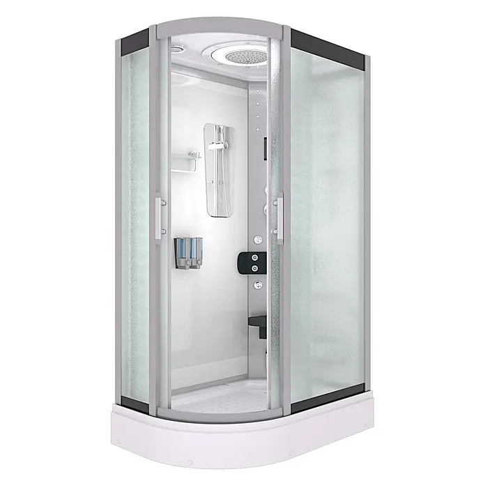 AcquaVapore Komplettdusche Fertigdusche D60-70M0L-EC - Weiß - Moderne Eckduschkabine mit Milchglastüren, grauem Rahmen, weißem Interieur, Regendusche, Handbrause, Massagedüsen, Sitz und Seifenspendern.