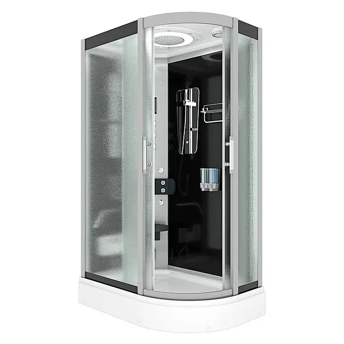 AcquaVapore Komplettdusche Fertigdusche D60-73M1R - Schwarz - Moderne Duschkabine mit mattem und klarem Glas, weißer Basis und schwarzer Innenverkleidung, mit mehreren Duschköpfen und Spendern.