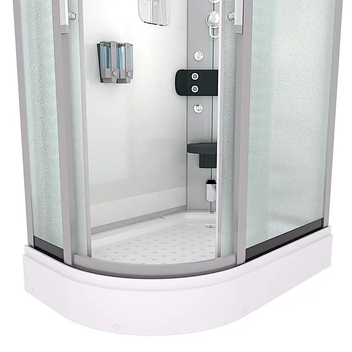 AcquaVapore Komplettdusche Fertigdusche D60-70M0L-EC - Weiß - Eckduschkabine mit mattiertem Glas, weißer Basis und Innenausstattung wie Ablage und Seifenspendern.