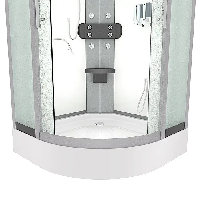 AcquaVapore Komplettdusche Fertigdusche D58-20M1 - Weiß - Eckduschkabine mit weißem Sockel, grauem Rahmen, Milchglaswänden, Innendüsen und Seifenspender.