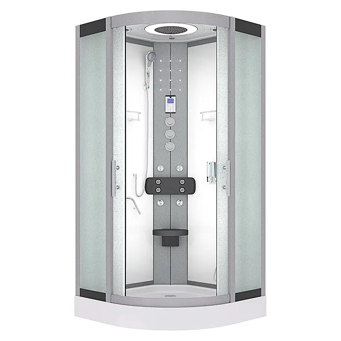 AcquaVapore Komplettdusche Fertigdusche D58-20M1 - Weiß - Moderne grau-weiße Hydromassage-Duschkabine mit Klarglastüren, Kopf- und Handbrause, Massagedüsen, Bedienelementen und Sitz.