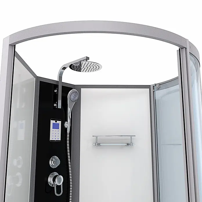 AcquaVapore Komplettdusche Fertigdusche K50-L01-EC - 170 x 98 x 225 cm, Weiß - Moderner Duschkabinen-Innenraum mit grauem Rahmen, schwarzem Bedienfeld, Chrom-Regen- und Handbrause sowie einem Handtuchhalter.