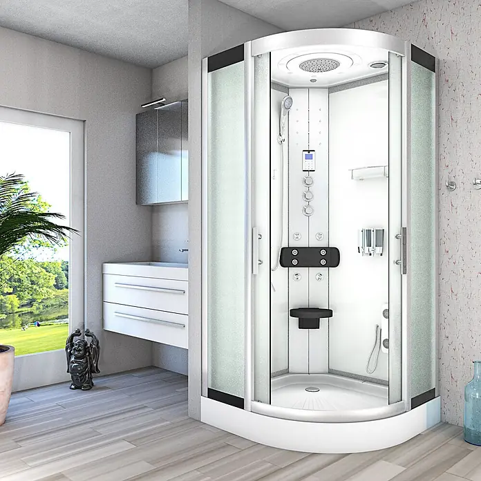 AcquaVapore Komplettdusche Fertigdusche D58-20M1 - Weiß - Moderne Eckduschkabine mit mattierten Glastüren, integrierter Regendusche, Massagedüsen, Sitz und digitaler Steuerung im hellen Bad.